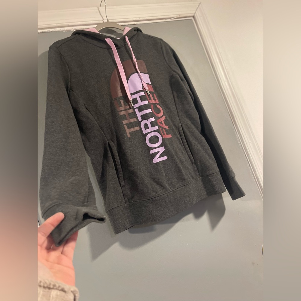 The North Face Hoodie Gray Purple Pullover Pockets Vertical Logo Size S - Picture 2 of 9